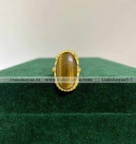 Tiger Eye Ornate Cabochon Ring | Gold Plated Brass