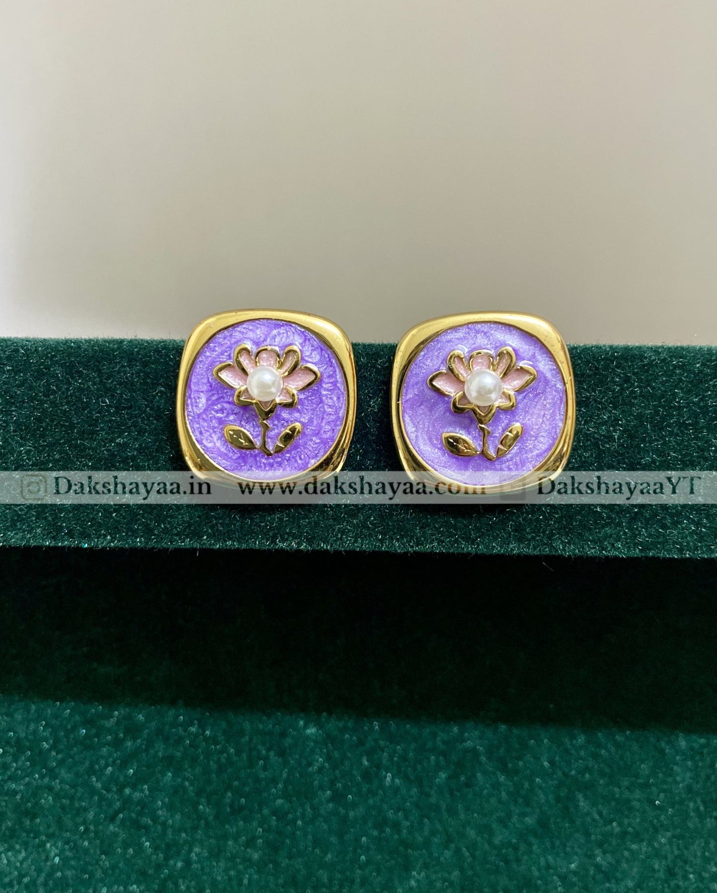 Violet Enamel Floral Pearl Stud Earrings