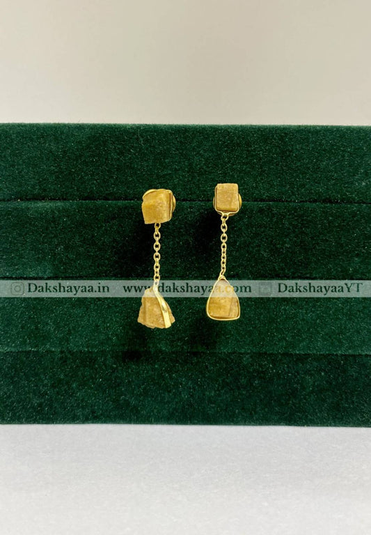 Yellow Aventurine Raw Crystal Drop Earrings | Gold Plated Brass