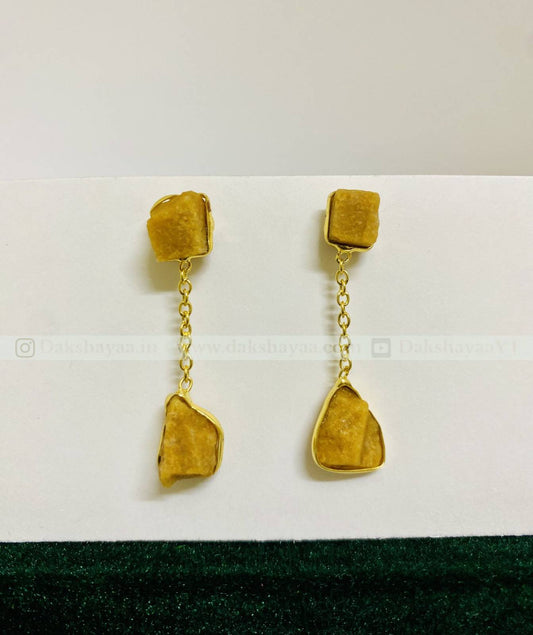 Yellow Aventurine Raw Crystal Drop Earrings | Gold Plated Brass