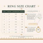 Ring size chart with measurements and a diagram of measuring methods on a beige background.