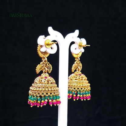 Lakshmi Temple Jhumka Earrings with Green & Pink Beads