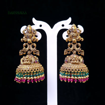 Lakshmi Statement Jhumka Earrings with Green & Pink Beads