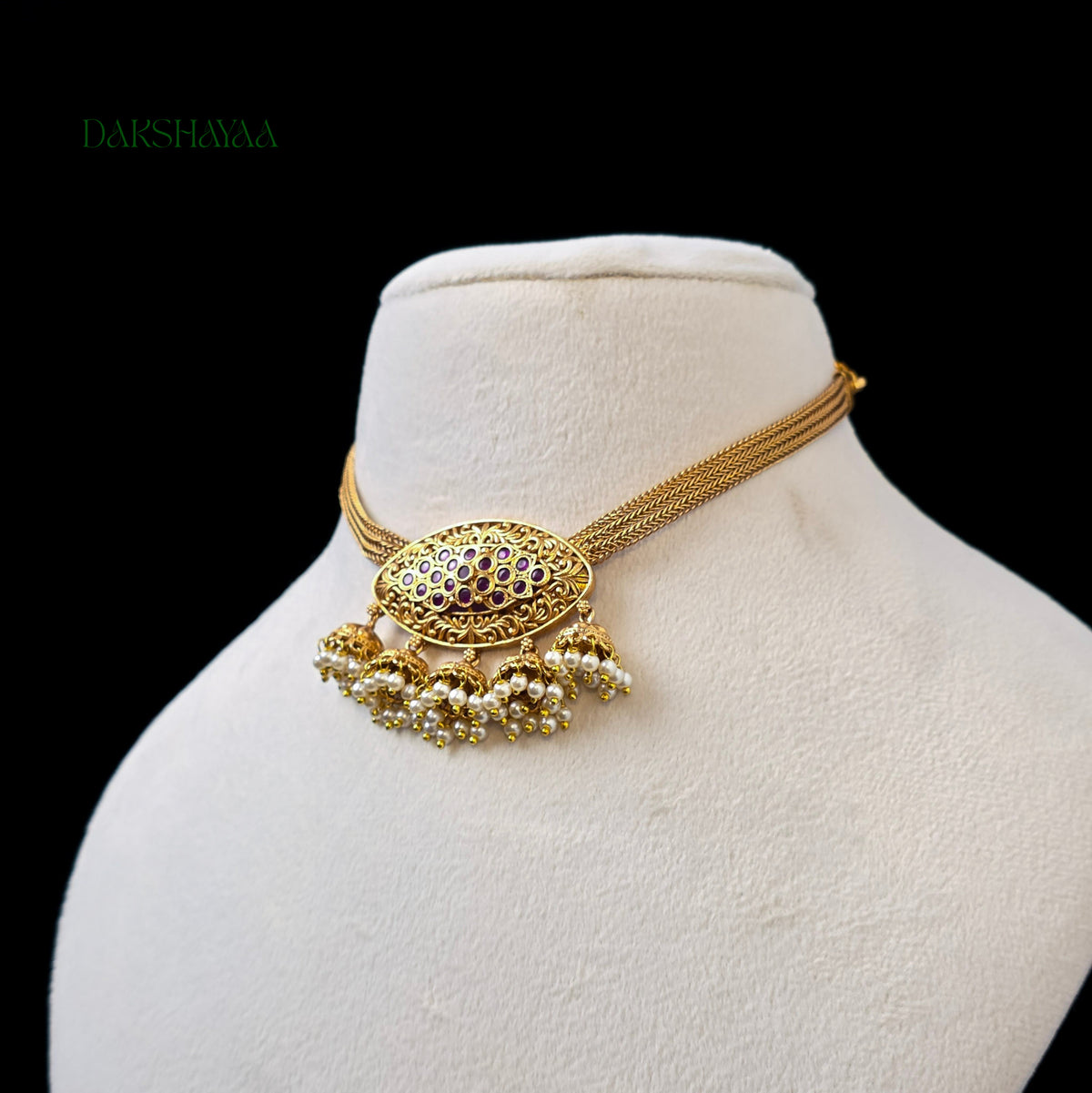 Matt Gold Temple Oval Choker Necklace Set