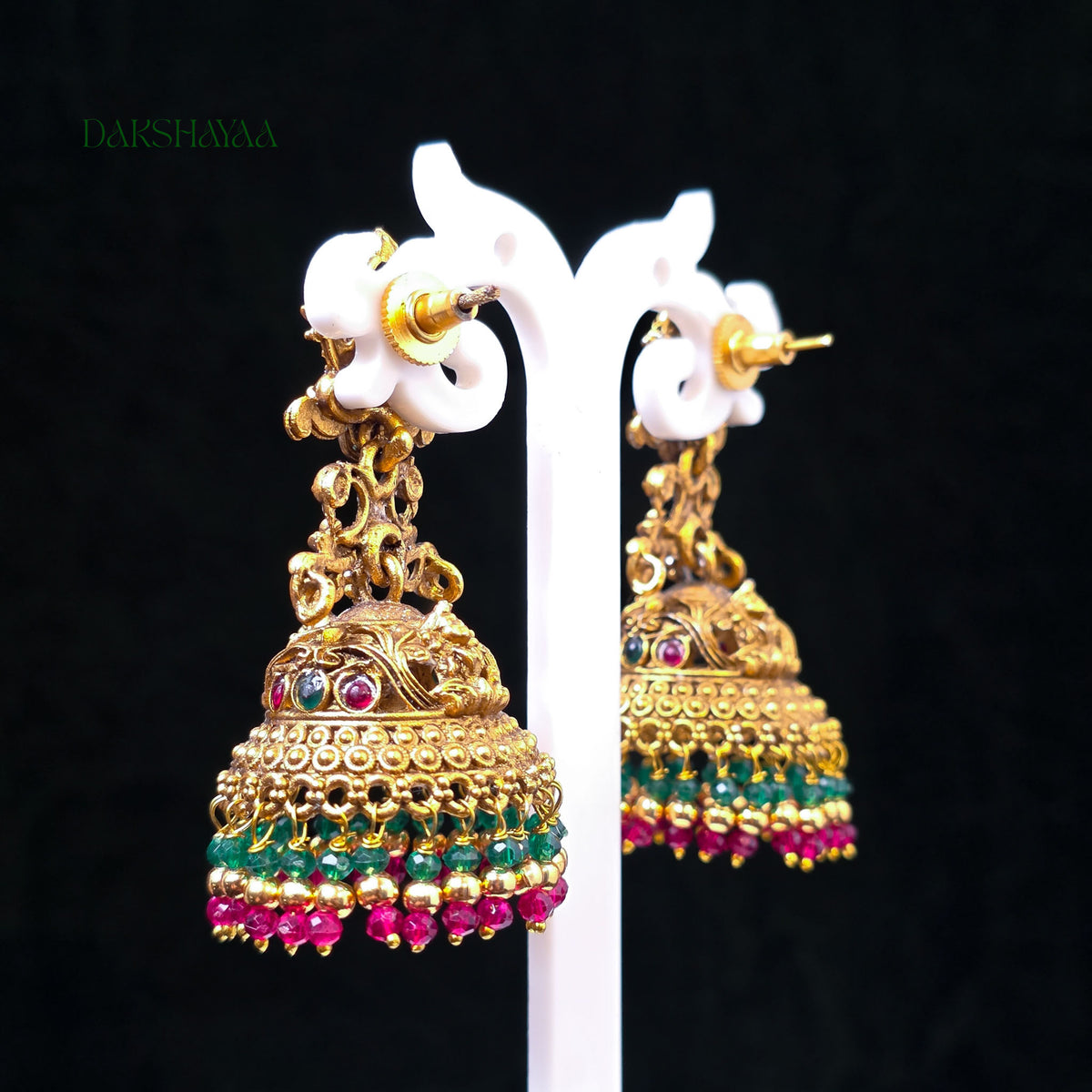 Lakshmi Statement Jhumka Earrings with Green & Pink Beads