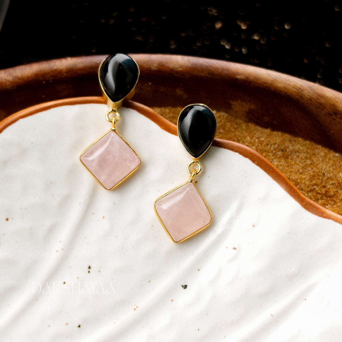 Black Onyx & Rose Quartz Drop Earrings
