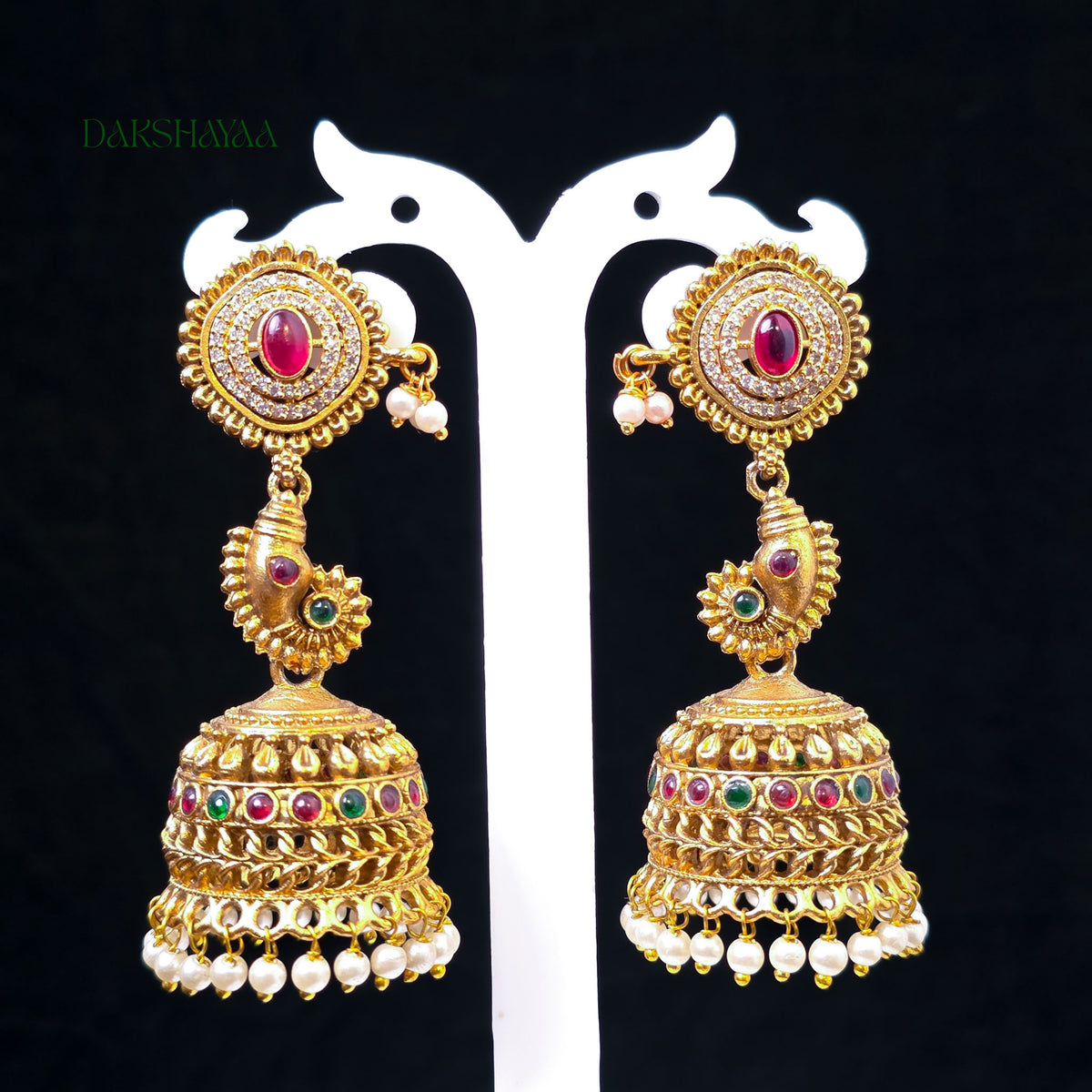 Temple Peacock Ruby-Green Jhumka Earrings with Pearls