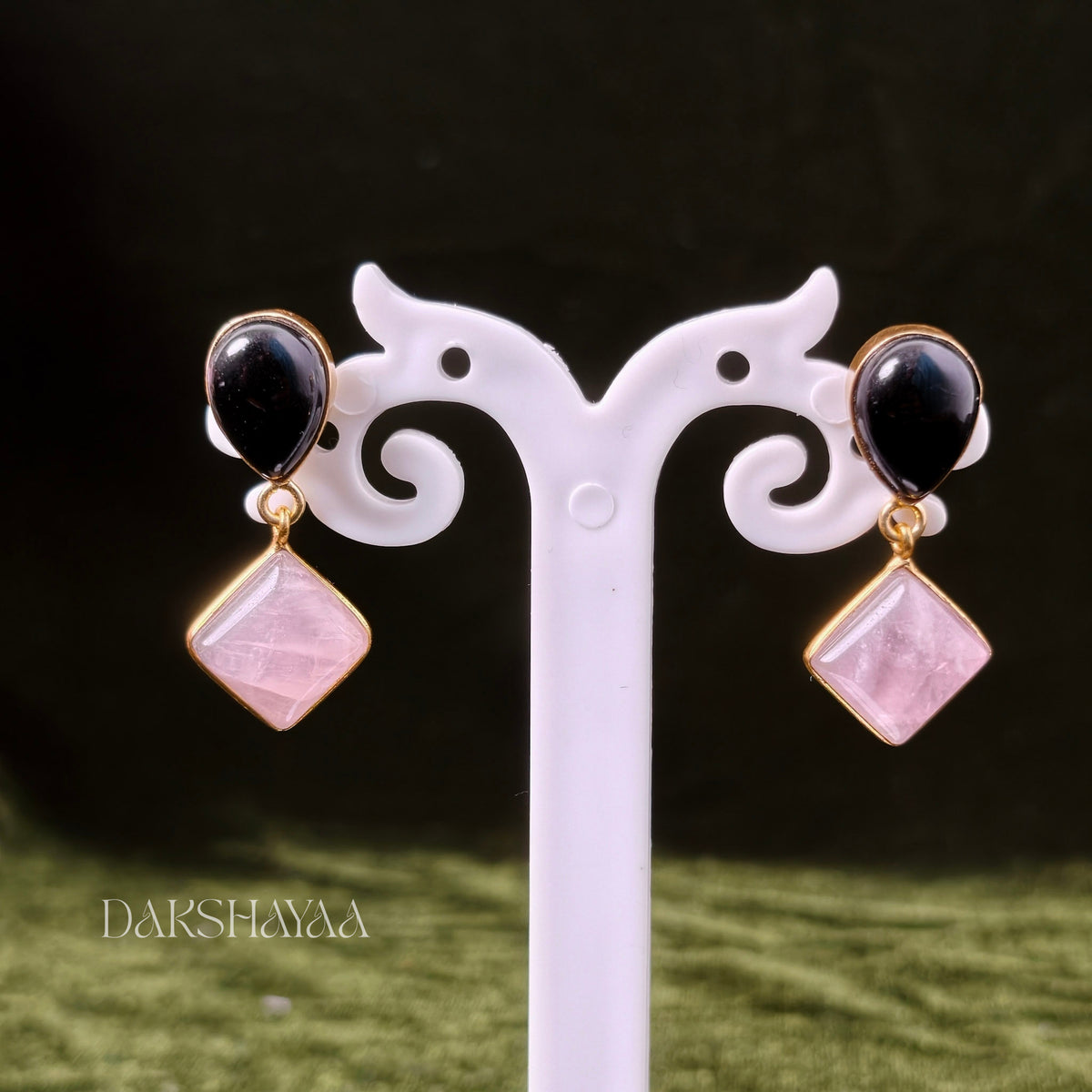 Black Onyx & Rose Quartz Drop Earrings
