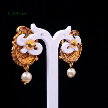 Peacock Ruby & Green Pearl Drop Earrings