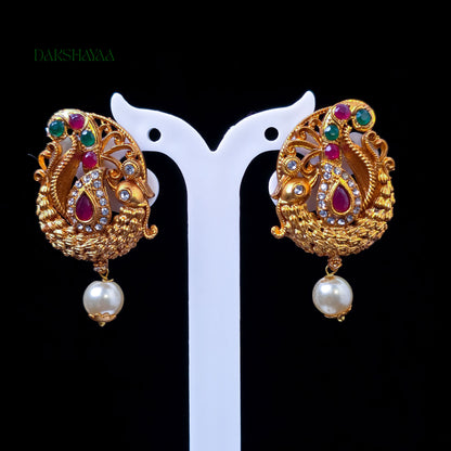Peacock Ruby & Green Pearl Drop Earrings