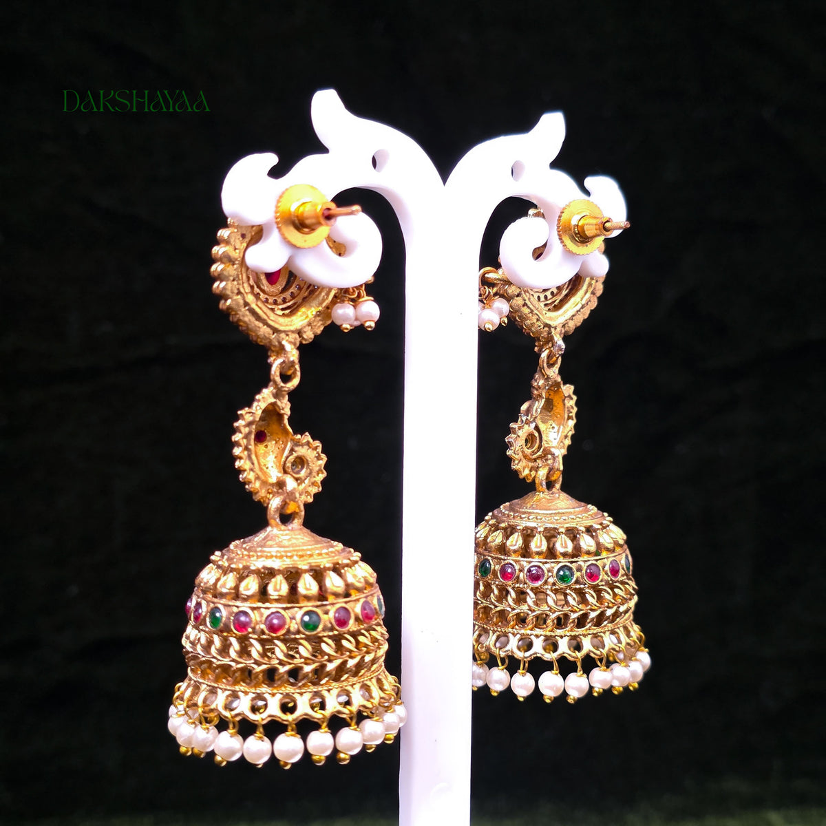 Temple Peacock Ruby-Green Jhumka Earrings with Pearls