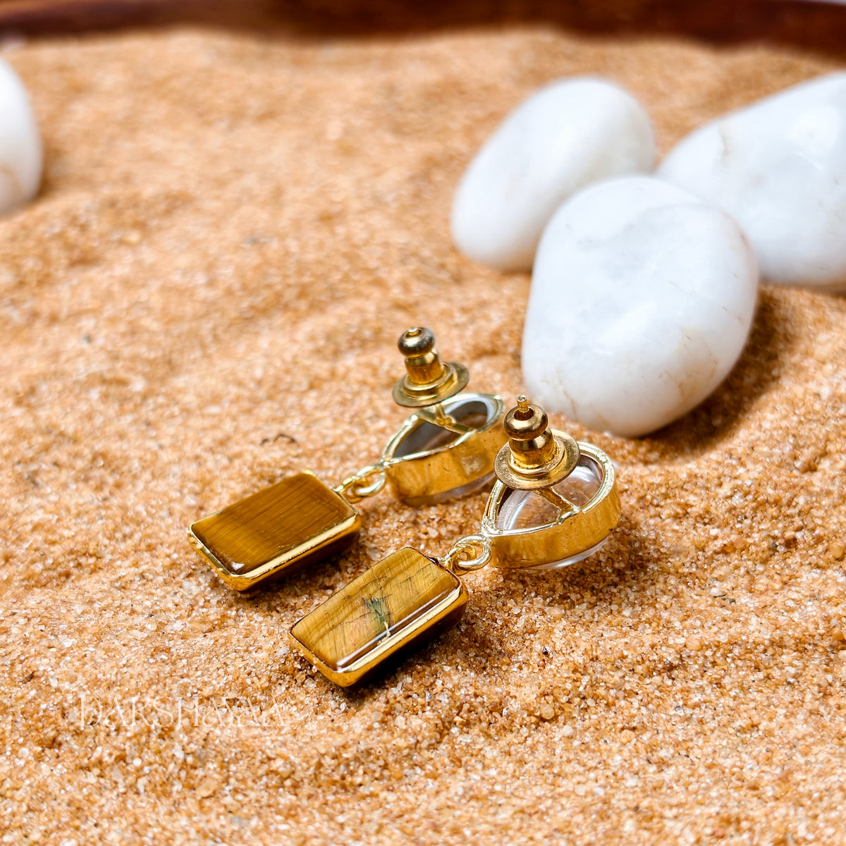 Tiger Eye & Clear Quartz Drop Earrings