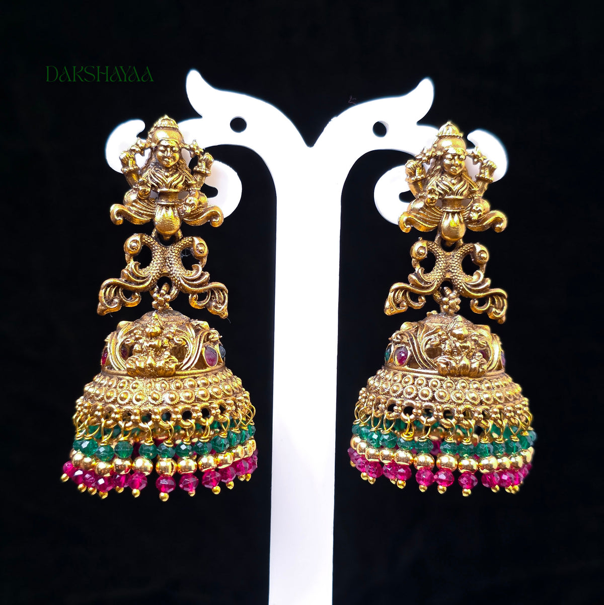 Lakshmi Statement Jhumka Earrings with Green & Pink Beads