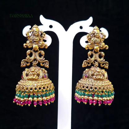 Lakshmi Statement Jhumka Earrings with Green & Pink Beads