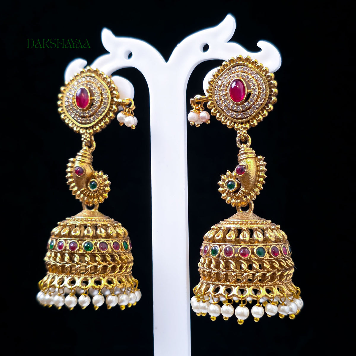 Temple Peacock Ruby-Green Jhumka Earrings with Pearls