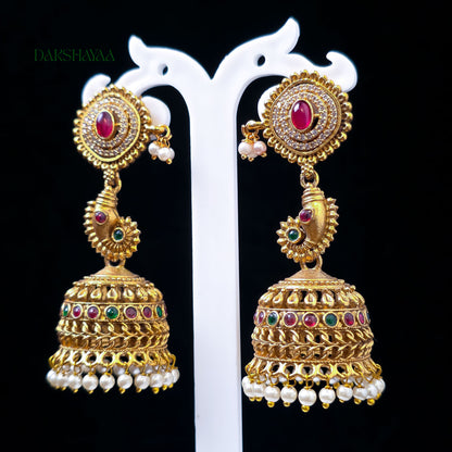 Temple Peacock Ruby-Green Jhumka Earrings with Pearls