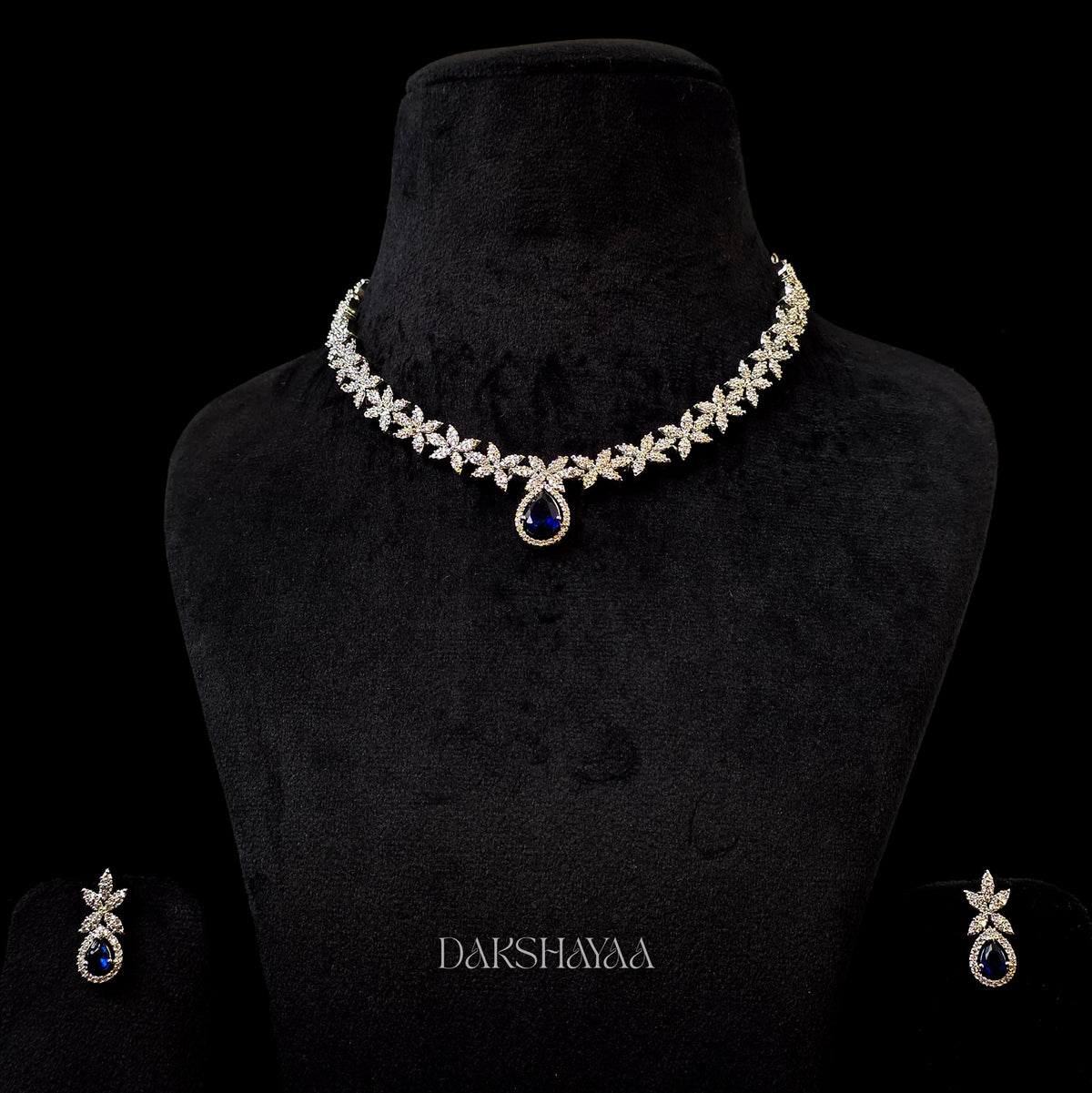 Royal Blue Cubic Zirconia Floral Necklace Set