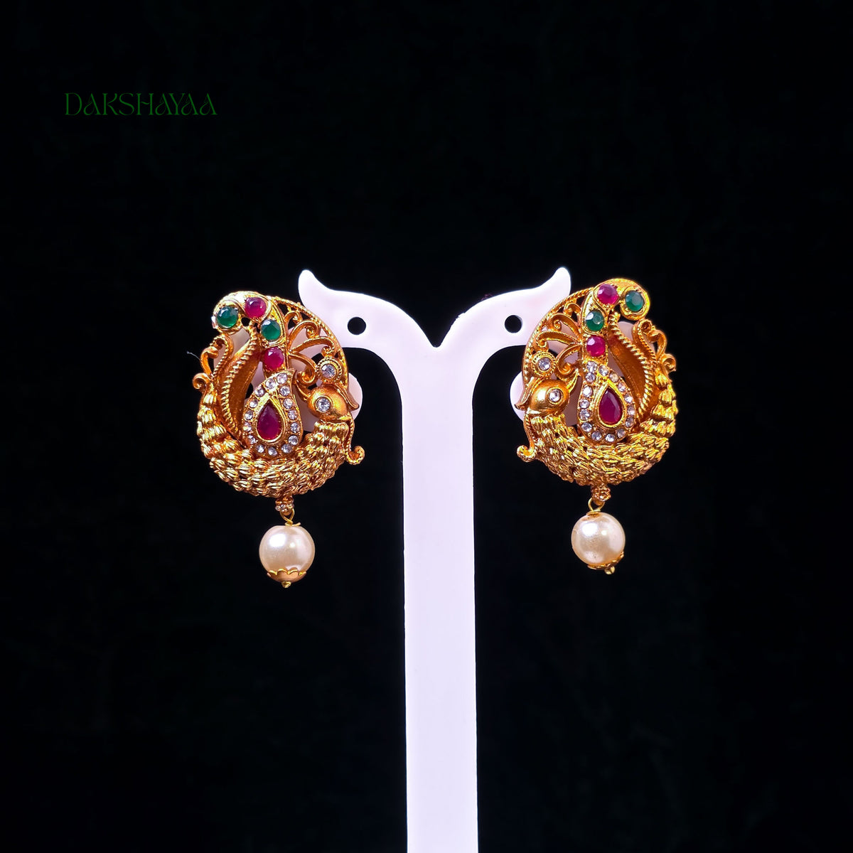 Peacock Ruby & Green Pearl Drop Earrings