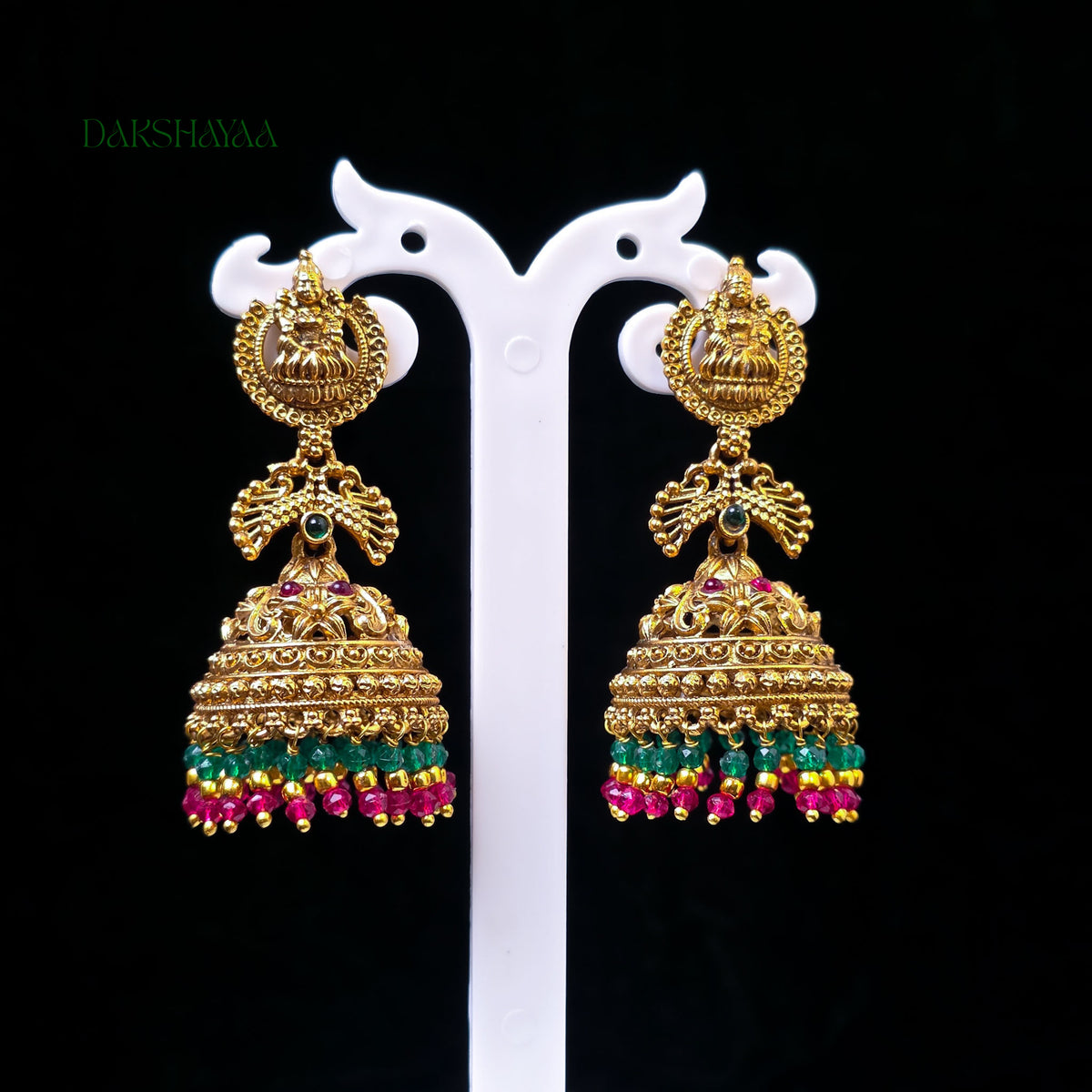 Lakshmi Temple Jhumka Earrings with Green & Pink Beads