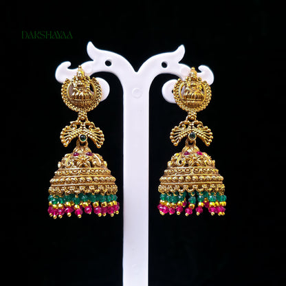 Lakshmi Temple Jhumka Earrings with Green & Pink Beads