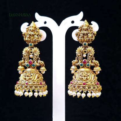 Ruby-Green Temple Jhumka Earrings