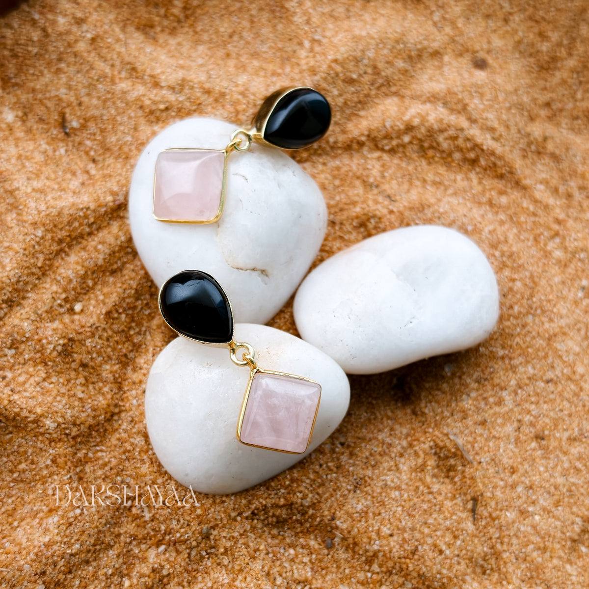 Black Onyx & Rose Quartz Drop Earrings