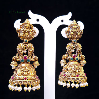 Ruby-Green Temple Jhumka Earrings