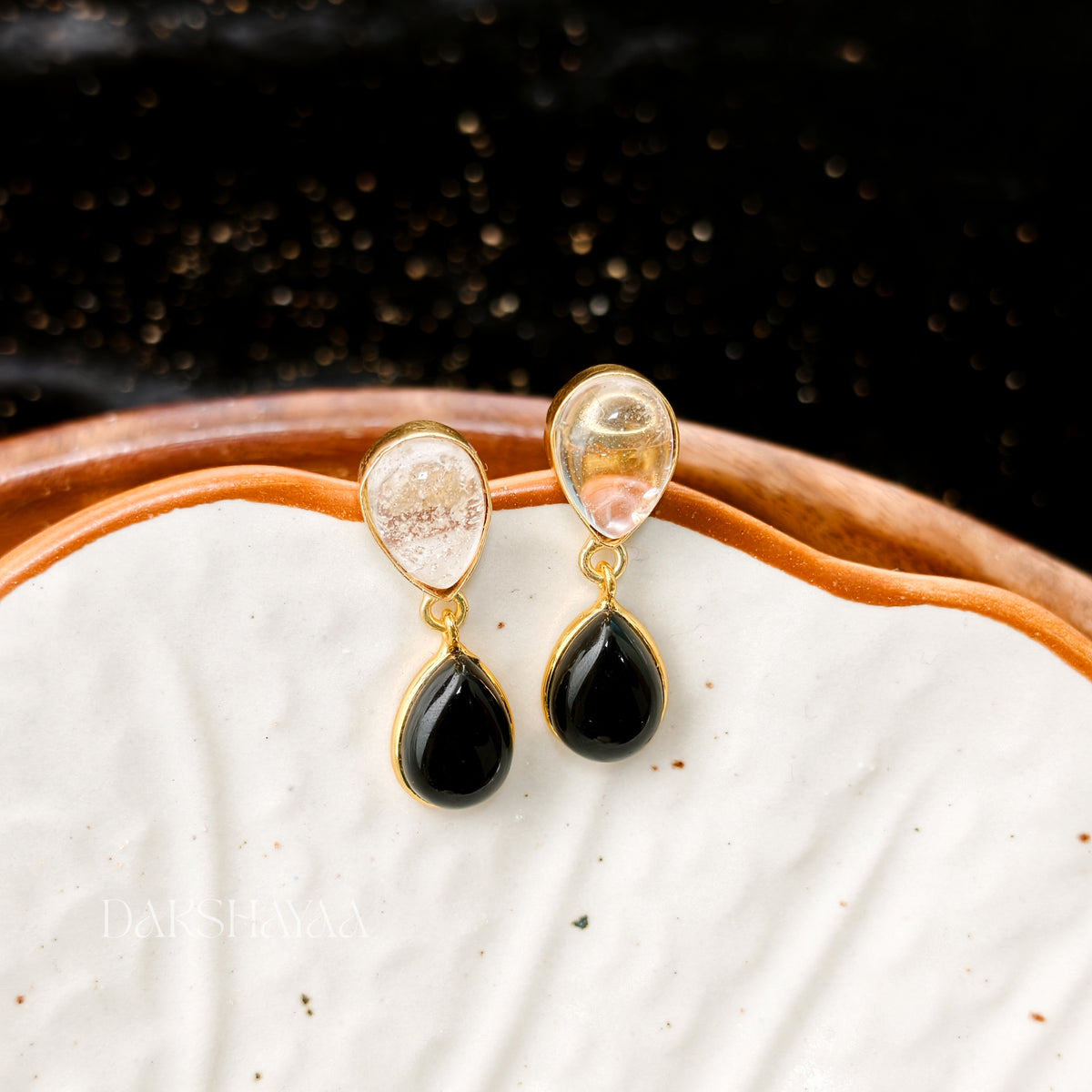 Clear Quartz & Black Onyx Drop Earrings