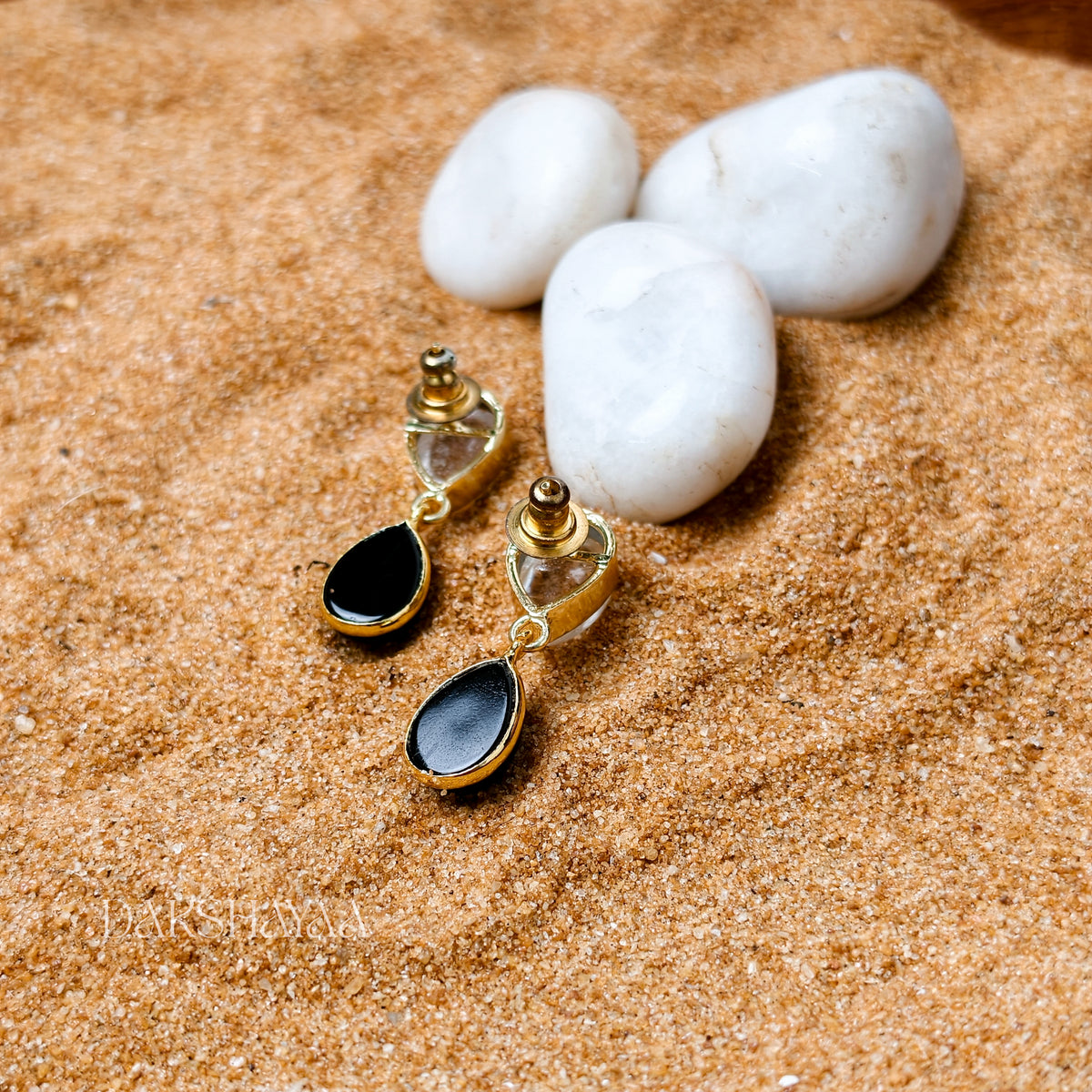 Clear Quartz & Black Onyx Drop Earrings