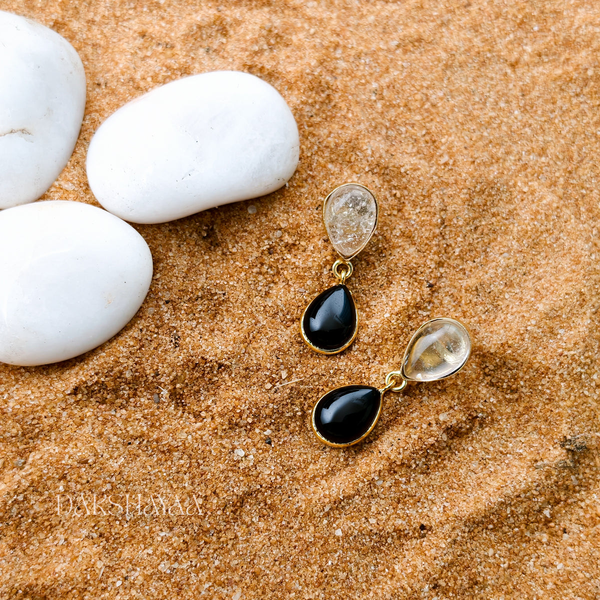 Clear Quartz & Black Onyx Drop Earrings