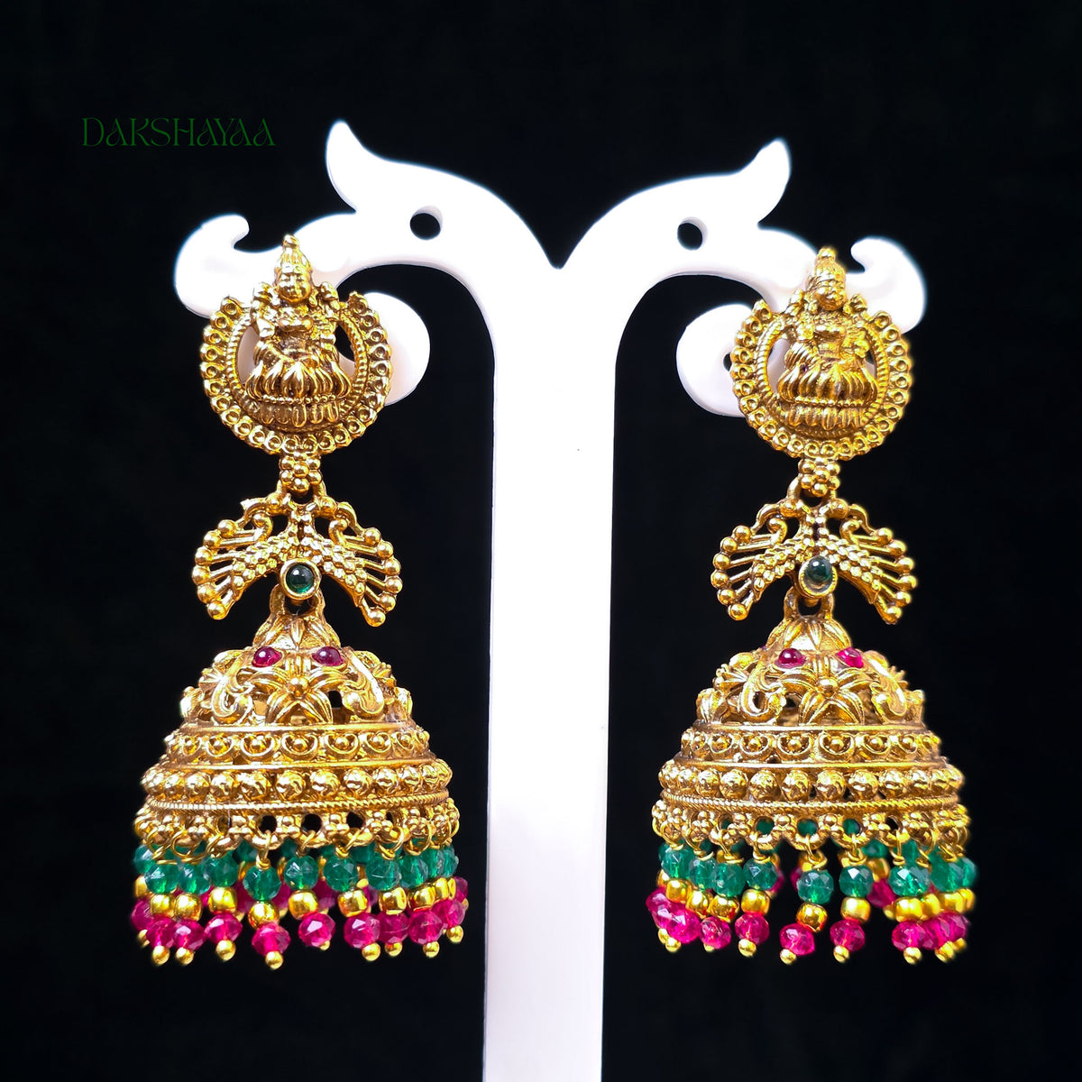 Lakshmi Temple Jhumka Earrings with Green & Pink Beads